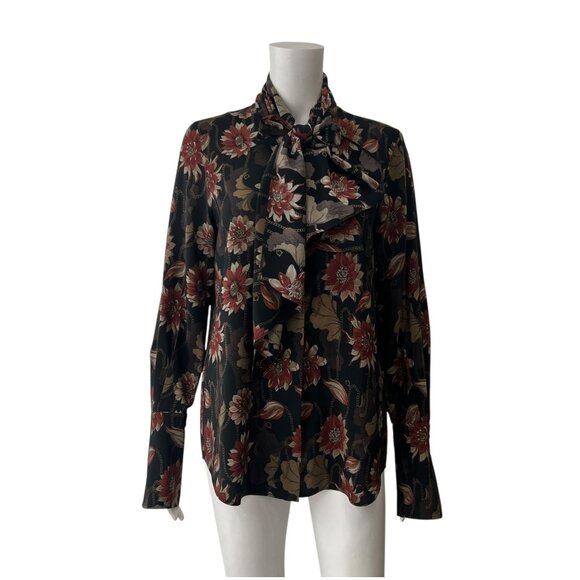 Salvatore Ferragamo Black Floral Pussy Bow Silk Button Blouse size IT 40/4 - Picture 1 of 9